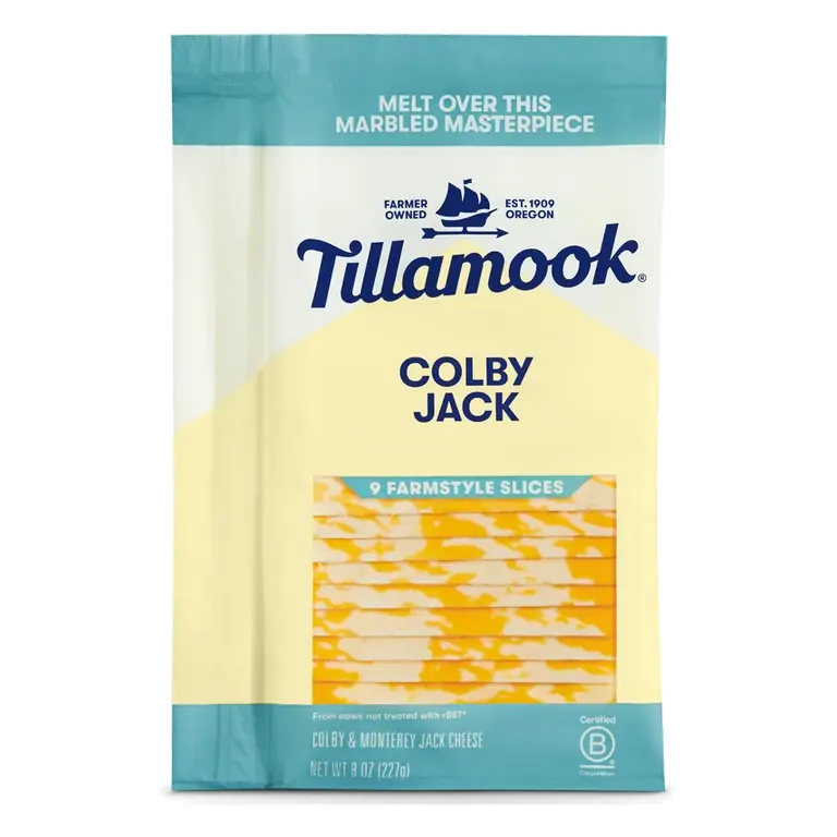 Tillamook Farmstyle Colby Jack Cheese Slices, 8oz/9 slices: Halal, Cow Milk