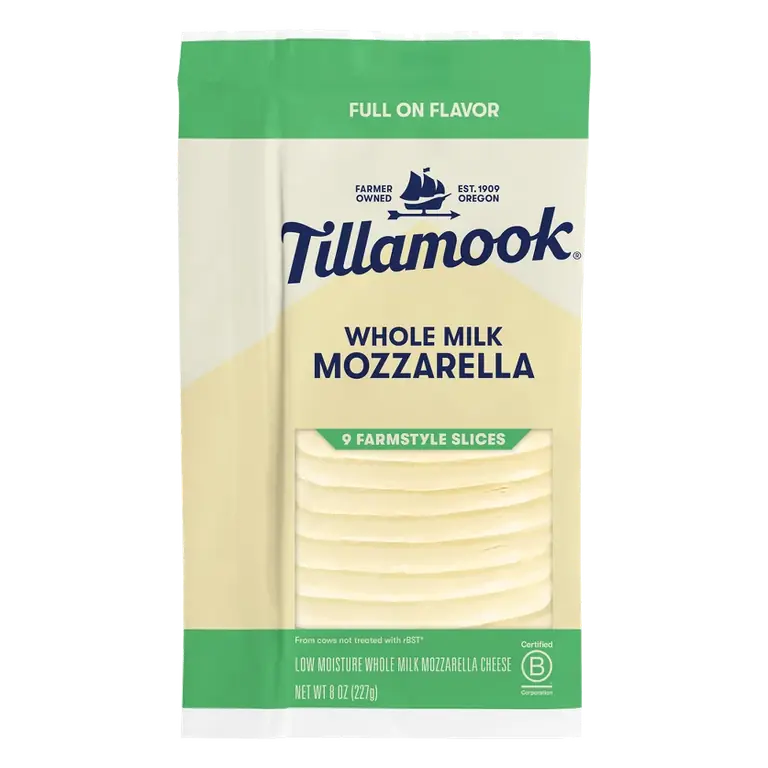 Tillamook Farmstyle Whole Milk Mozzarella Cheese Slices, 8oz/9 slices