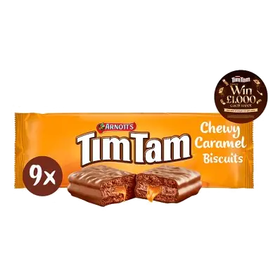 Arnotts Tim Tam Chewy Caramel Milk Chocolatey Biscuits, 9 Bars, 175g