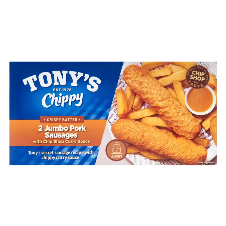 Tony's Chippy 2 Jumbo Pork Sausages with Chip Shop Curry Sauce 260g