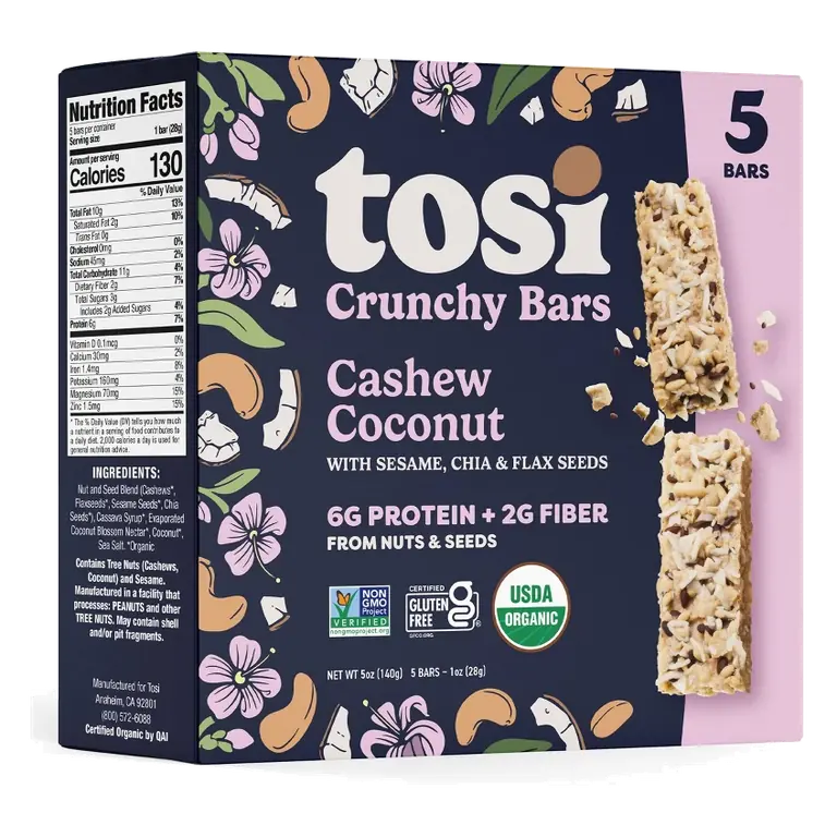 Tosi Snacks Cashew Coconut Organic Bars - 6g Protein - 5oz/5pk