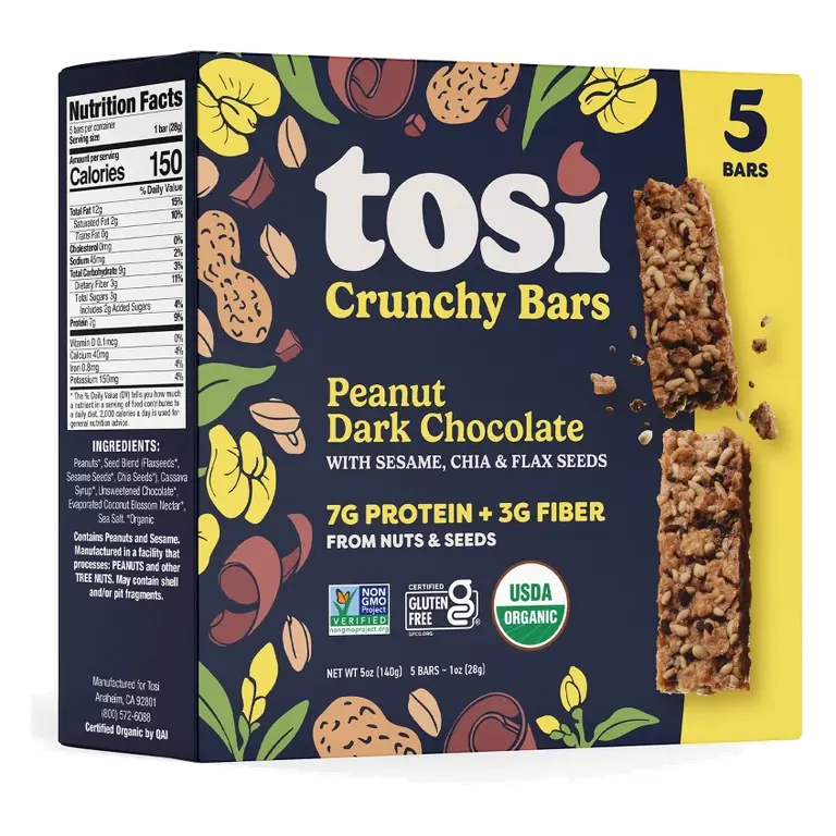 Tosi Snacks Peanut Dark Chocolate Organic Bars - 7g Protein - 5oz/5pk