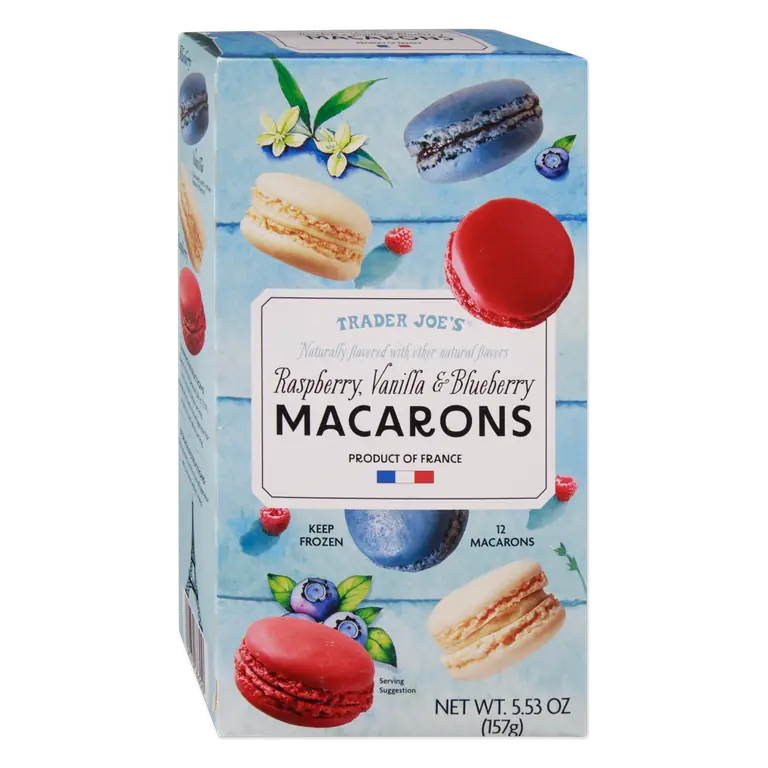 Raspberry, Vanilla & Blueberry Macarons