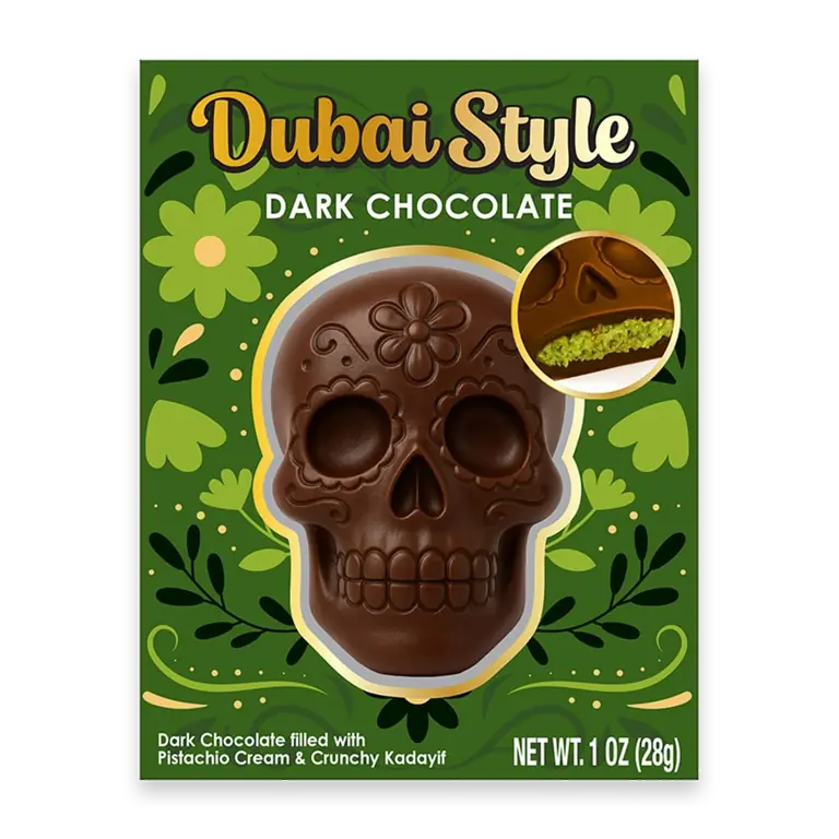 Dubai Style Pistachio Cream & Kadayif Filled Dark Chocolate Skull