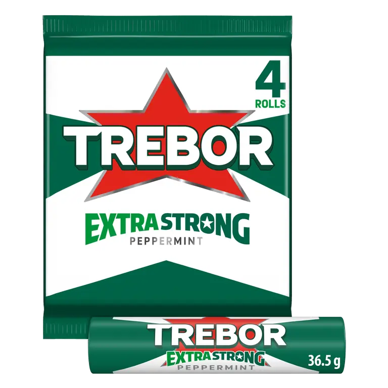Trebor Extra Strong Peppermint Mints Rolls 4 Pack 145g (4 x 36.4g)