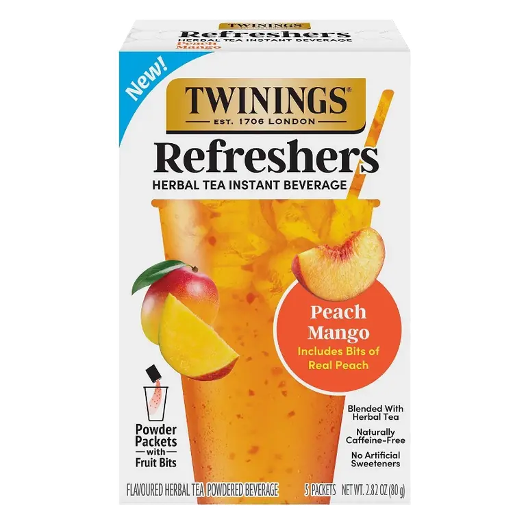 Twinings Refreshers Peach and Mango Herbal Instant Tea Mix, 2.82oz/5ct: Non-Caffeinated