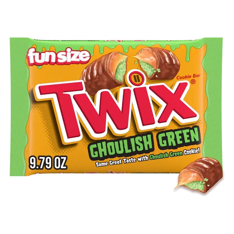 Twix Halloween Candy Ghoulish Green Caramel Cookie Chocolate Bars Fun Size, 9.79oz