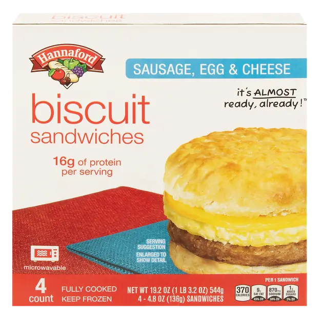 Hannaford Sausage Egg & Cheese Biscuit Breakfast Sandwiches - 4 ct Frozen