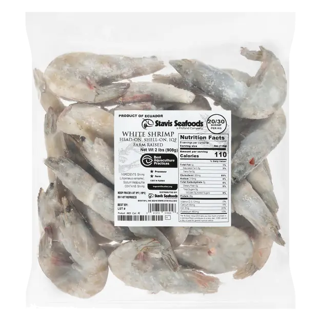 Stavis Seafoods Head-On Shell-On White Shrimp 20 - 30 ct Frozen