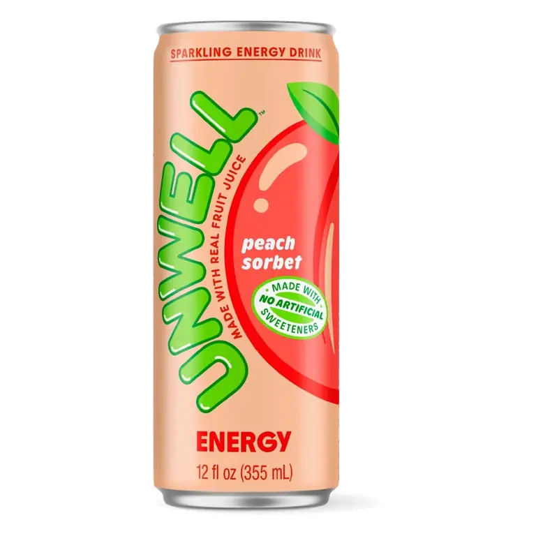 Unwell Peach Sorbet Sparkling Energy Drink with Real Fruit Juice - 12 fl oz: Gluten-Free, No Artificial Sweeteners