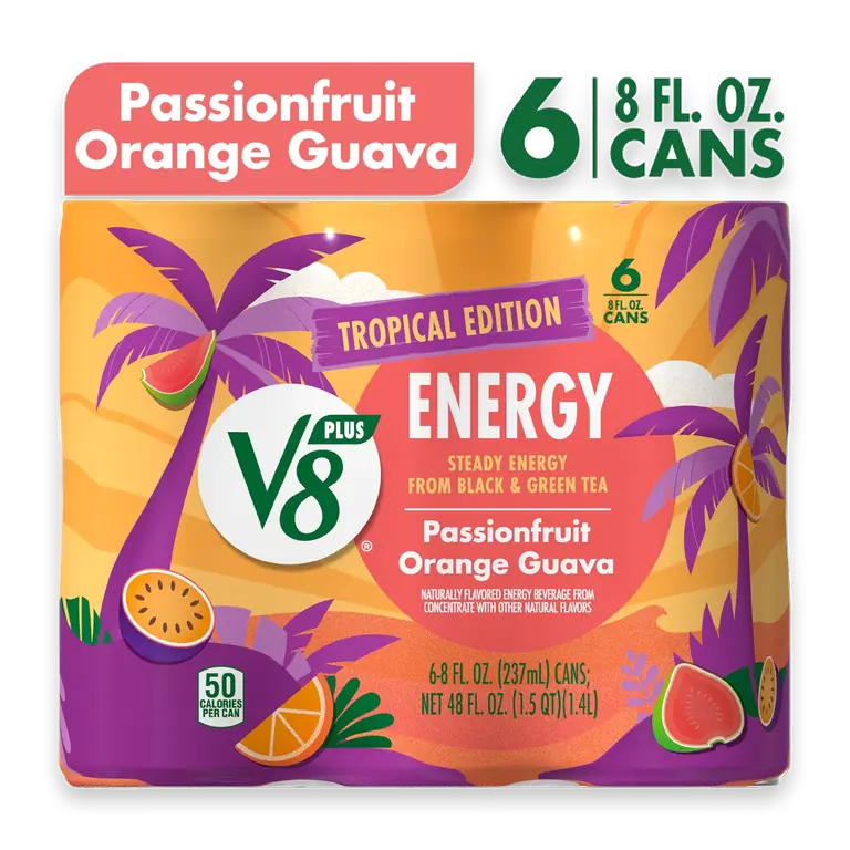 V8 +Energy Passionfruit Orange Guava Juice Energy Drink 8 fl oz Can 6 Pack