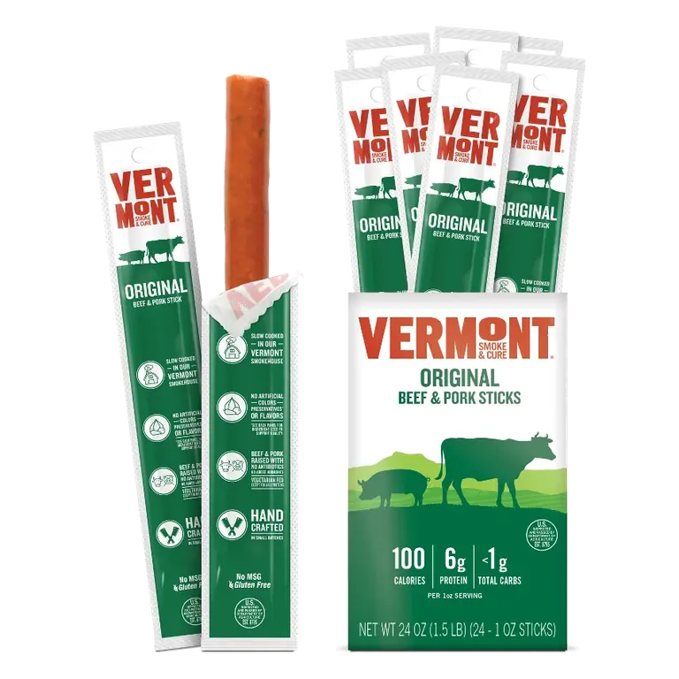 Snack Sticks by Vermont Smoke & Cure – Original Flavor – Beef & Pork – Healthy Meat Protein – 1oz Jerky Stick – 24 count carton