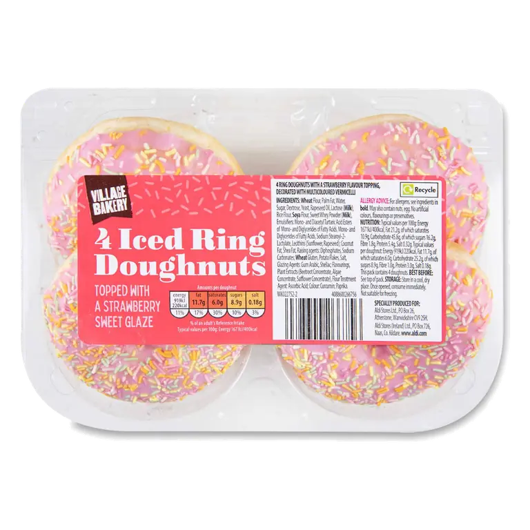 Iced Ring Doughnuts Topped with a Strawberry Sweet Glaze