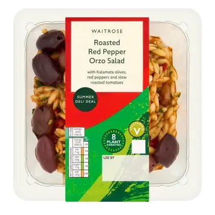Summer Orzo, Fire Roasted Pepper & Black Olive Salad