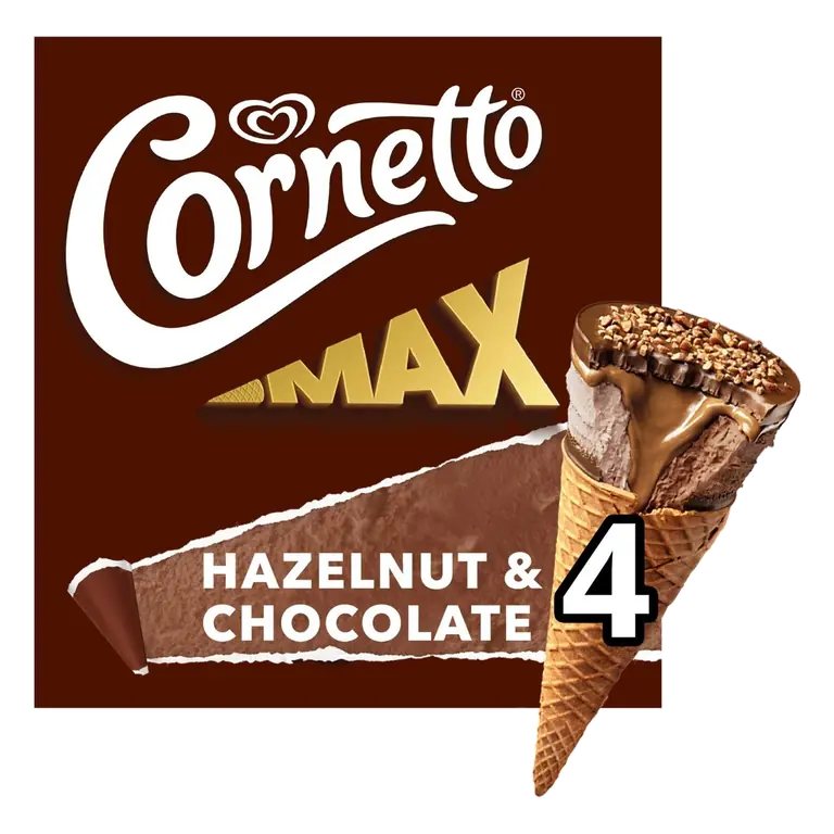 Cornetto MAX Hazelnut & Chocolate Ice Cream Cones 4 x 90ml
