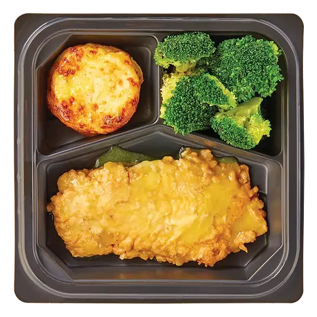 Chicken French with Lemon Butter Sauce, Seasoned Broccoli, & Potato Gratin