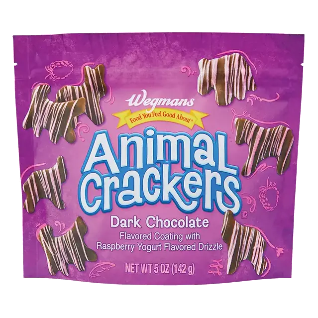 Dark Chocolate Animal Crackers with Raspberry Yogurt Flavored Drizzle Coating