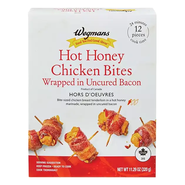 Frozen Hot Honey Chicken Bites Wrapped in Uncured Bacon
