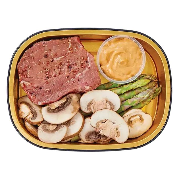 Gold Pan Seasoned Sirloin Steak with Asparagus, Mushrooms & Peppercorn Sauce, Ready to Cook