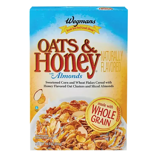 Oats & Honey Sweetened Corn and Wheat Flakes Cereal with Honey Flavored Oat Clusters and Sliced Almonds