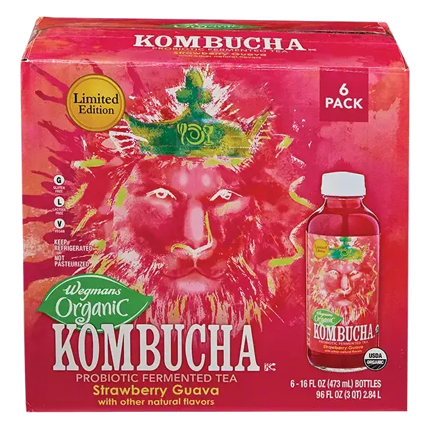 Organic Strawberry Guava Kombucha, Probiotic Fermented Tea