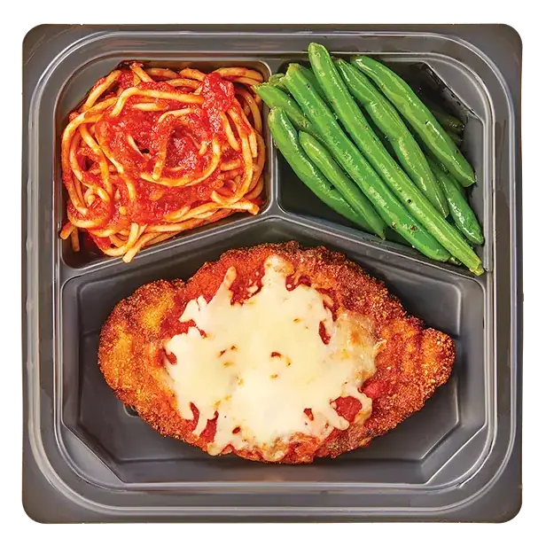Parmesan Chicken Raised without Antibiotics with Seasoned Tomato Sauced Spaghetti & Seasoned Green Beans
