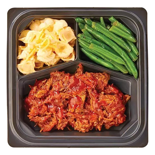 Pulled Pork with BBQ Sauce, Seasoned Green Beans, and Brown Rice Shells Macaroni & Cheese