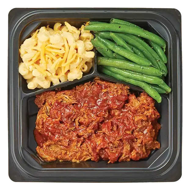 Pulled Pork with BBQ Sauce, Seasoned Green Beans and Macaroni & Cheese