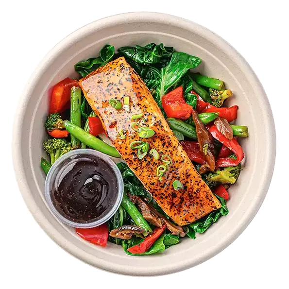 Salmon Teriyaki Bowl with Black Pepper Sauce and Asian Vegetables