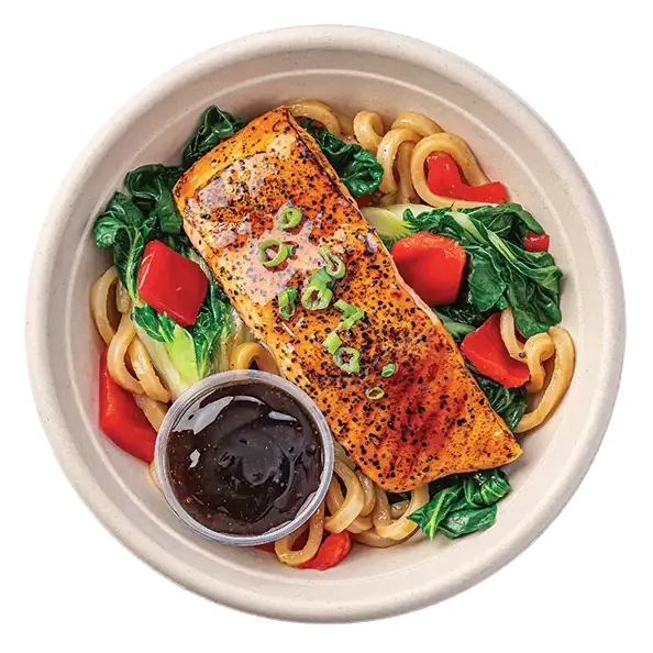 Salmon Teriyaki Bowl with Black Pepper Sauce and Udon Noodles