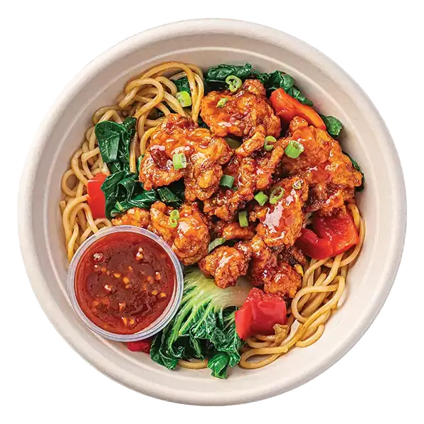 Spicy General Tso Chicken Bowl with Lo Mein Noodles