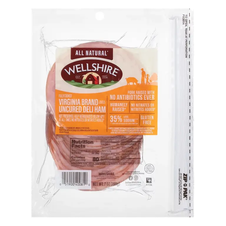 Wellshire Virginia Brand Uncured Seasonal Deli Ham, 7oz: Gluten-Free, No Added Antibiotics, All