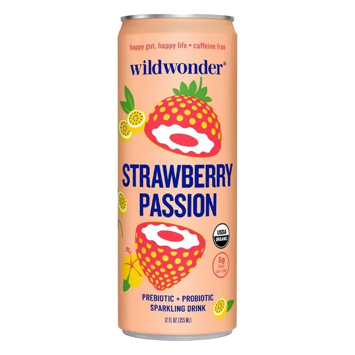 wildwonder Strawberry Passion Organic Prebiotic + Probiotic Sparkling Drink, 12 fl oz: Low Calorie, Caffeine-Free, No Added Sugar