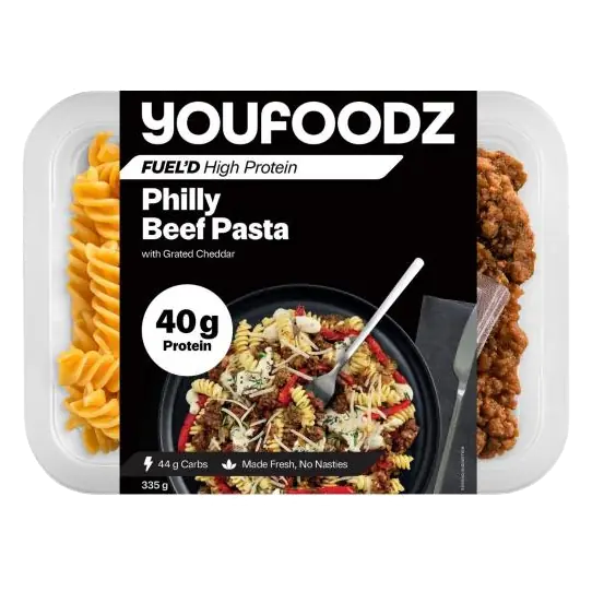 Fueld Philly Beef Pasta With Grated Cheddar