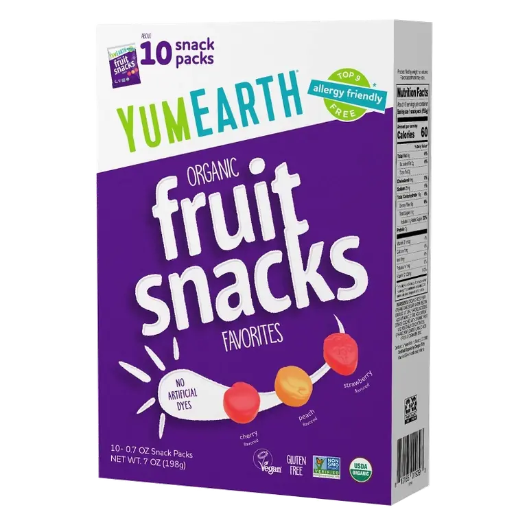 Favorites Strawberry Smash, Very Very Cherry, Perfectly Peach, Banana Blast Organic Fruit Snacks