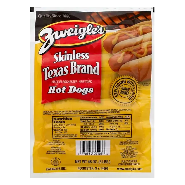 Hot Dogs, Skinless, Texas Brand